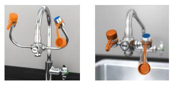 Two views of a lab faucet with orange and blue handles: front view and angled view above a sink.