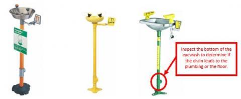 Three eyewash station types: stainless steel bowl with green sign, yellow plastic bowl on yellow stand, and combination eyewash and shower unit with inspection notice.