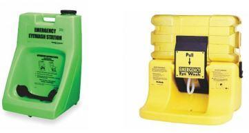 Two emergency eyewash stations—green with usage instructions and yellow with pull handle and labeled directions.