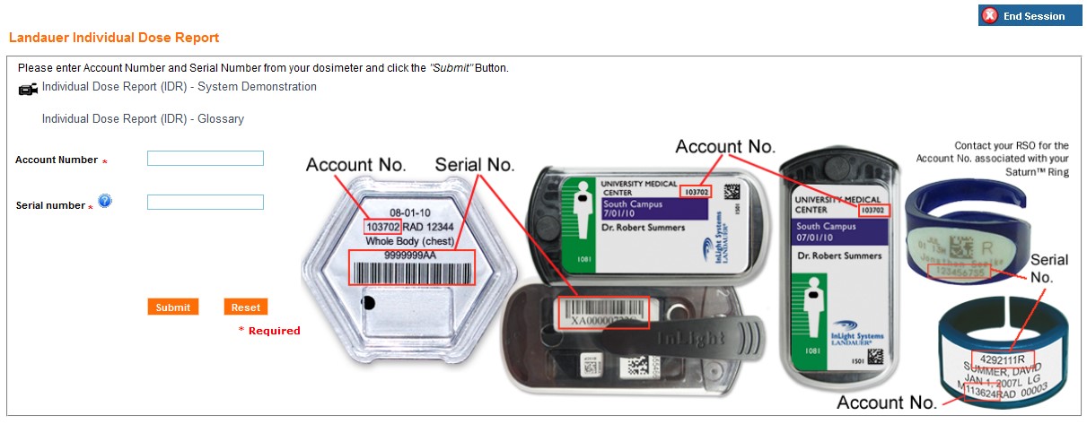 Dose report acct number and serial number screen