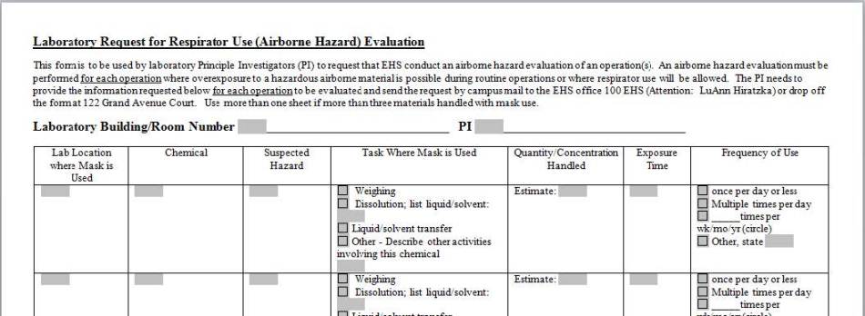 Lab Request for Respirator