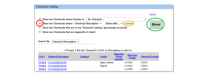 Detailed Chemical Search example