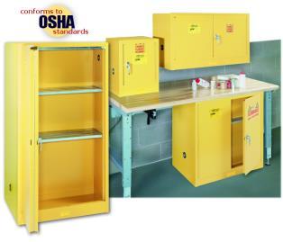A variety of sizes of yellow flammable cabinets